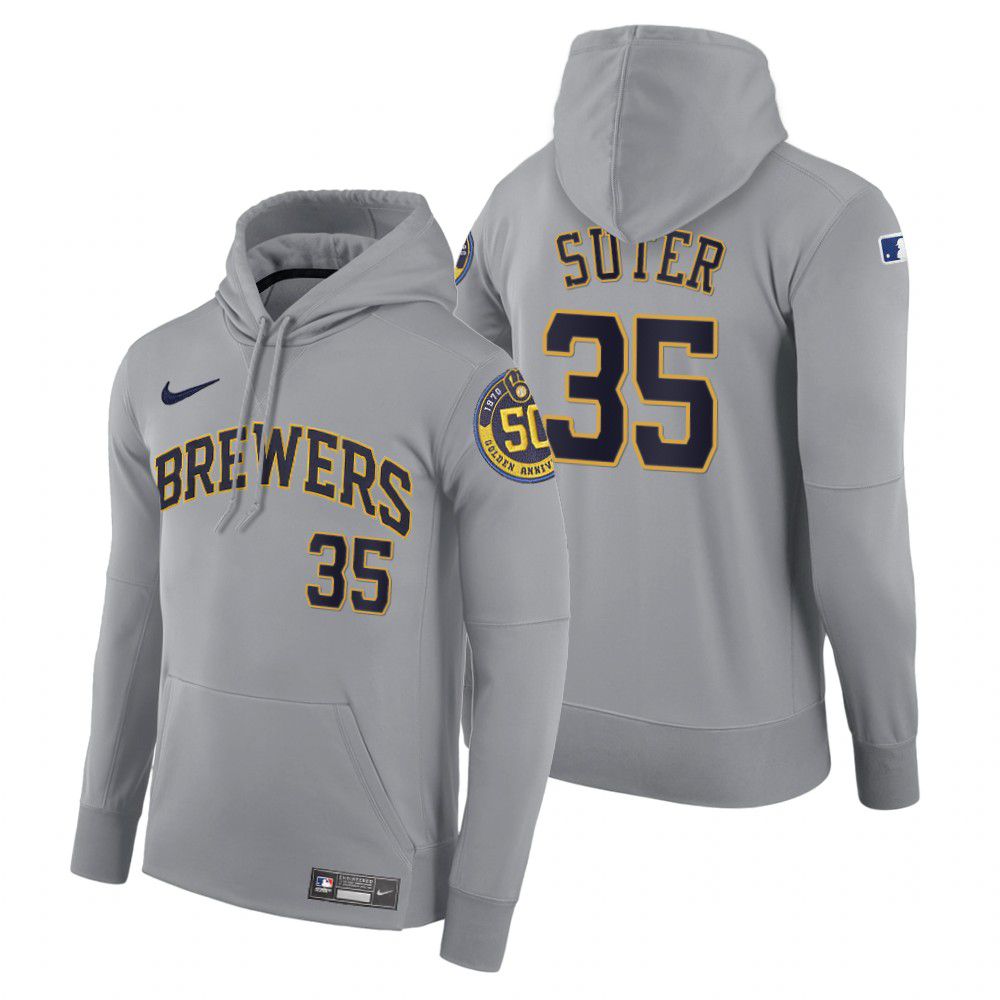 Men Milwaukee Brewers #35 Suter gray road hoodie 2021 MLB Nike Jerseys